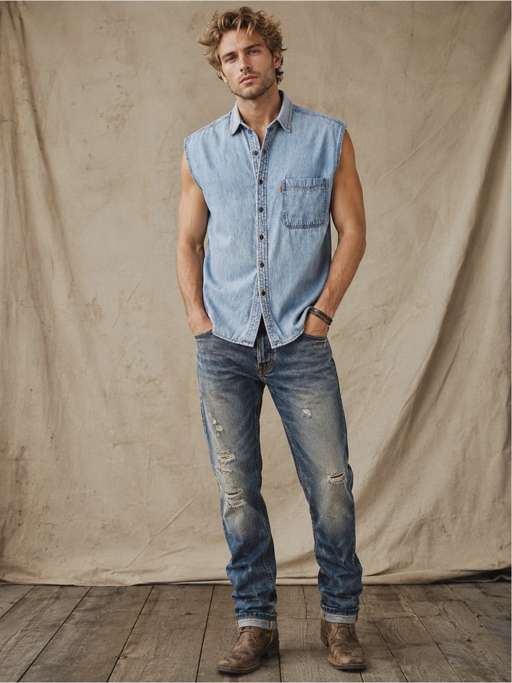 VTG Levi’s Orange Tab Men Denim Button Down Sleeveless Shirt XL Western Country